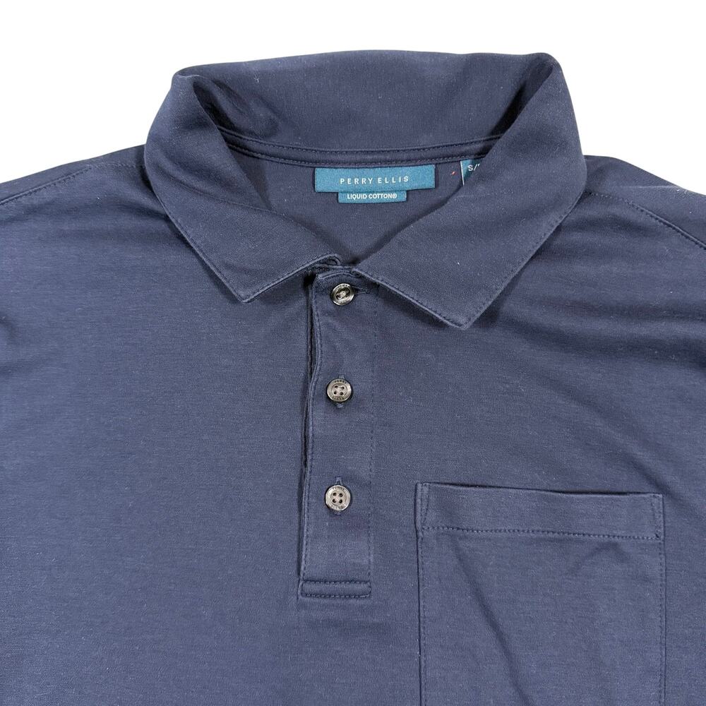 Perry Ellis Liquid Cotton Polo Shirt Mens Small Navy Blue Pocket Short Sleeve